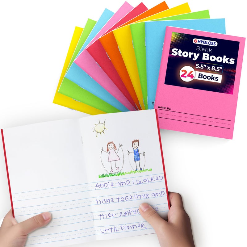 Hygloss Half Blank Books for Kids to Write Stories and Illustrate â€“ Bulk 24 Pack â€“ 5.5" x 8.5" A5 â€“ Small Primary Journal for Grades K-2, Preschool/Kindergarten Notebook with Picture Space â€“ 24 Pages - Image 1